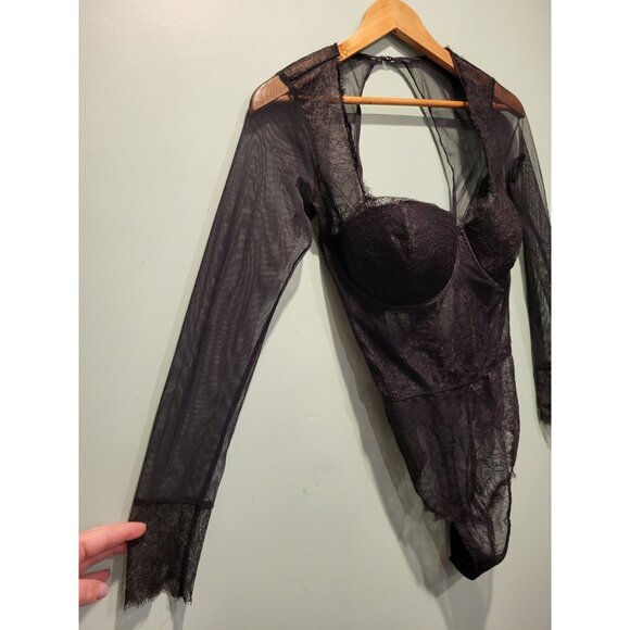 Victoria Secret Black Sheer Long Sleeve Bodysuit Sexy Goth Sz 36d - Picture 3 of 12